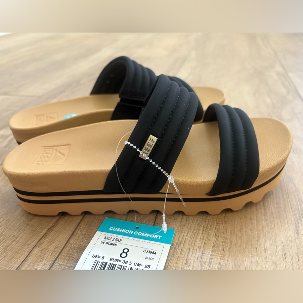 Reef Women's Black Quilted Slide Sandals with Tan Footbed